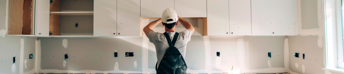 Ein Handwerker montiert Hängeschränke in einer Küche, die neu renoviert wird. Die Schränke sind weiß und die Wände sind noch unverputzt.